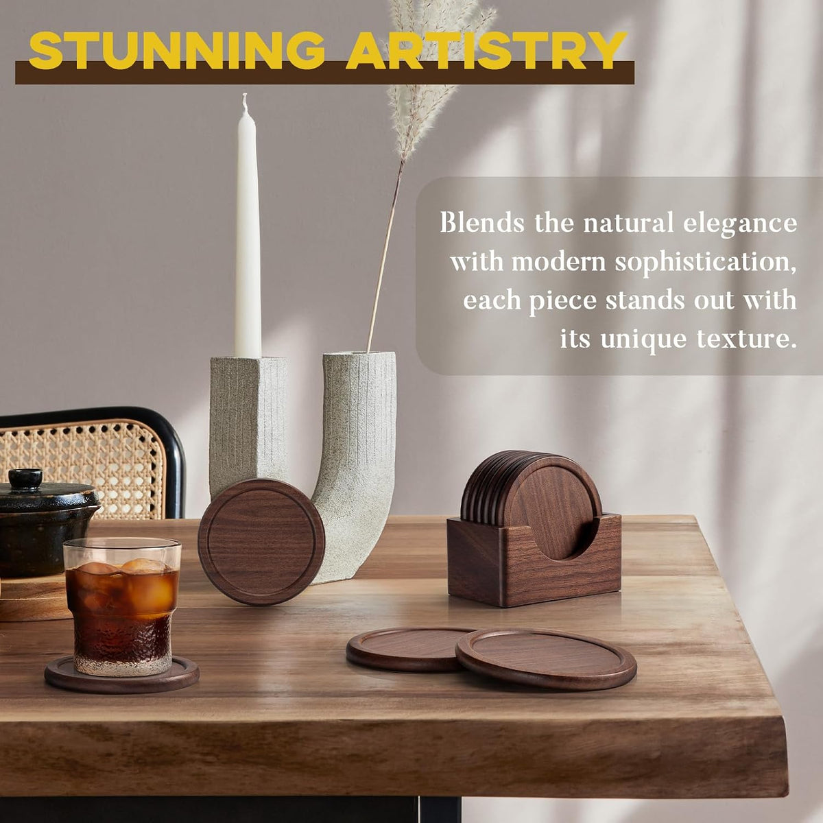 Ensemble de sous-verres en bois de 6 avec support