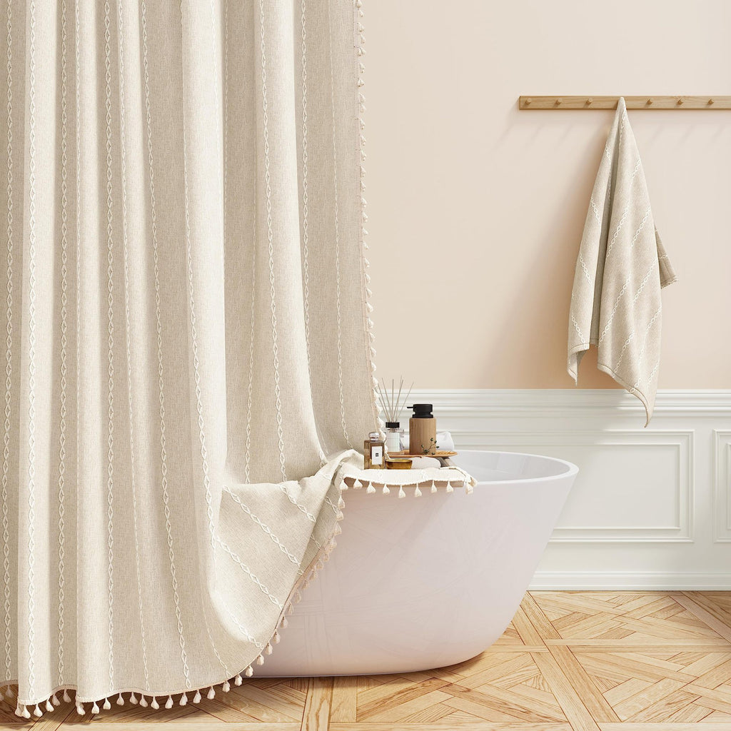 Tencel-linen Checkered Tassel Salle de bain Checkered Partition Rideau de douche imperméable Curta