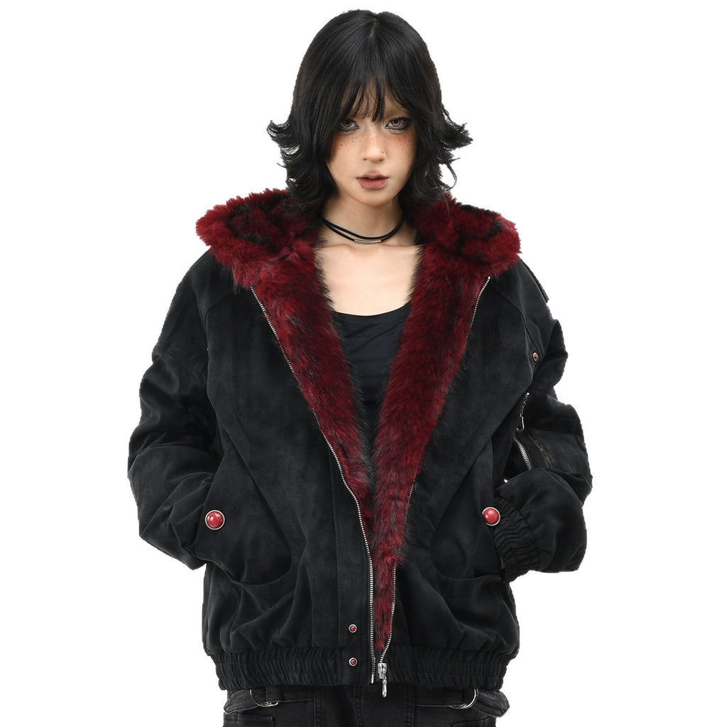 Mountain Carving Red Fur Collar Vintage PU en cuir polaire manteau chaud