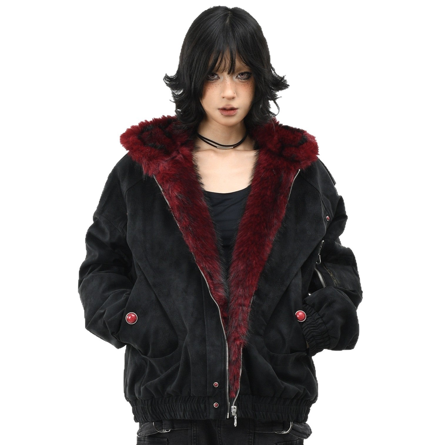 Mountain Carving Red Fur Collar Vintage PU en cuir polaire manteau chaud