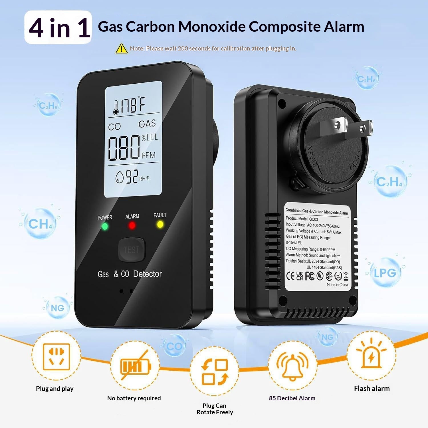 Alarme 4-en-1 à haute sensibilité au gaz et au monoxyde de carbone
