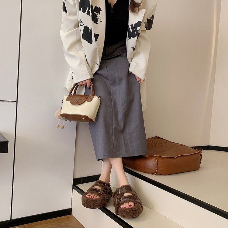 Arrivée Femmes Lambskin MetalBuckle BirkenStyle Furry Slippers