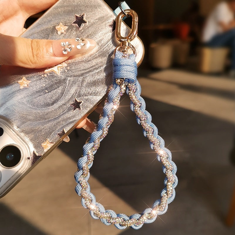 Étui téléphonique tressé bicolore à diamants complets Lanyard