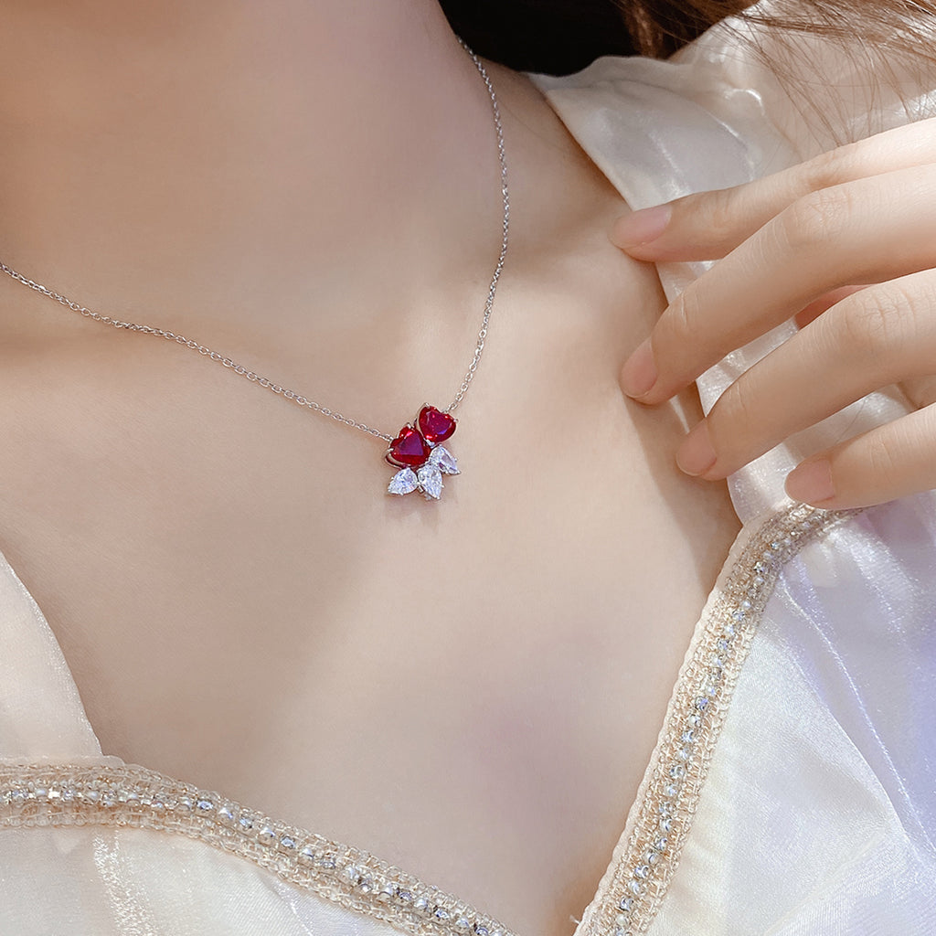 S925 Argent 4.1g Double Coeur Lab-Created Gemstone Collier