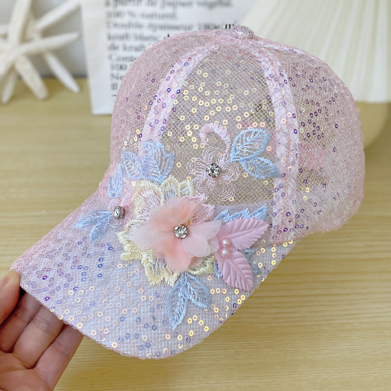 Casquette de baseball pour femmes Mesh Sequin avec décoration florale tridimensionnelle exquise