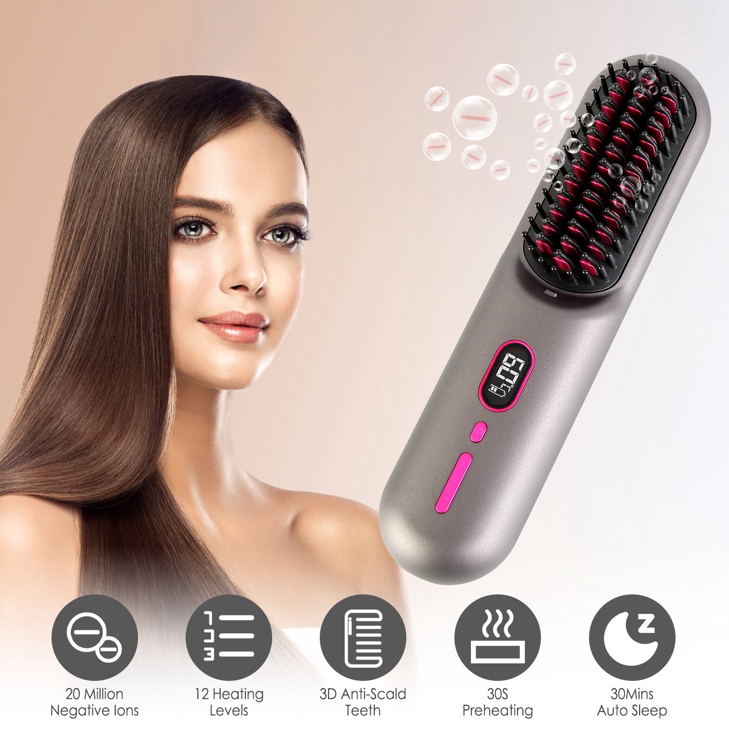 Options Gris-Noir -- 1Pc sans fil Négatif brosse de lisseur de cheveux Ion rechargeable Mini