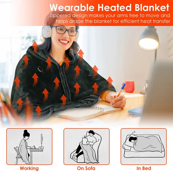 Couverture chauffante USB Couverture chauffante électrique Couverture chauffante Poncho Châle lancer avec fermeture à glissière