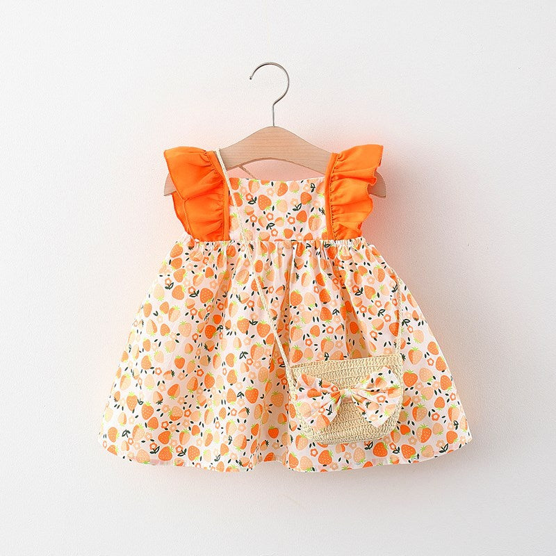 Bébé fille Flounced Sleeve Robe Gratuit Bamboo Panier Satchel