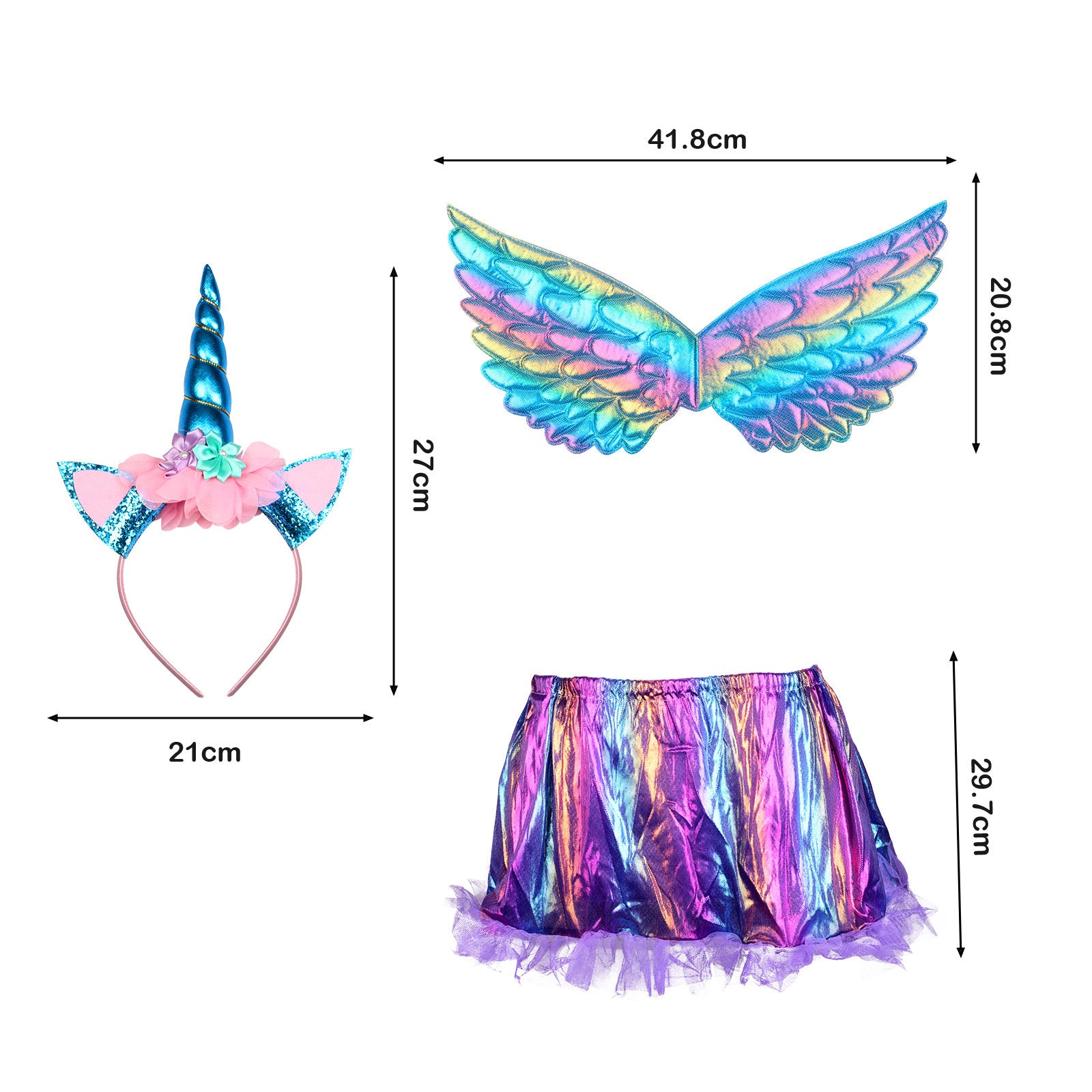 3-Piece Blue Unicorn Party Outfit pour les fêtes de costume et les célébrations—Ensemble d'accessoires de partie