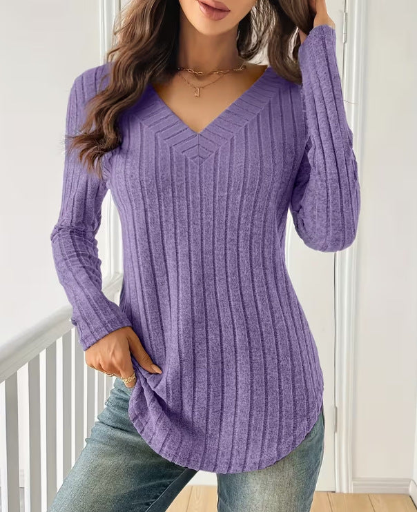Patchwork pour femmes V-Neck Ribbed Top
