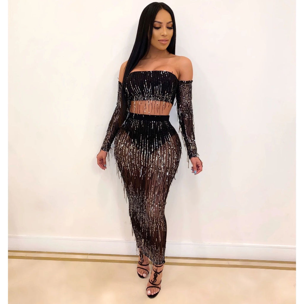 Mode Sexy See-through Mesh Sequins Tassel Ensemble deux pièces