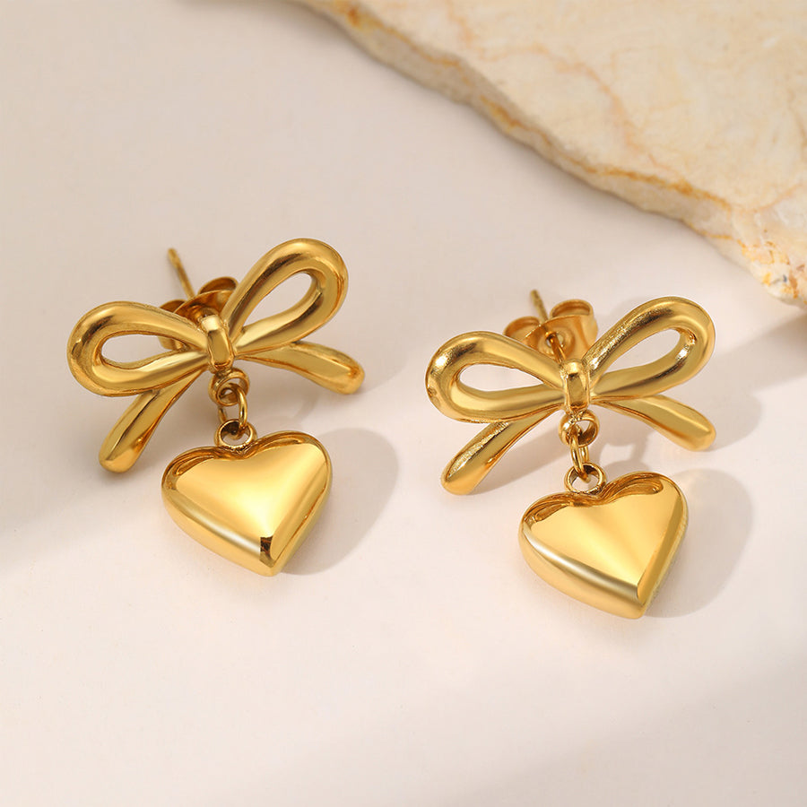 Femmes Bowknot 3D Puffy coeur bijoux Set Snake chaîne collier et boucles d'oreilles Stud 2Pcs Gold Si