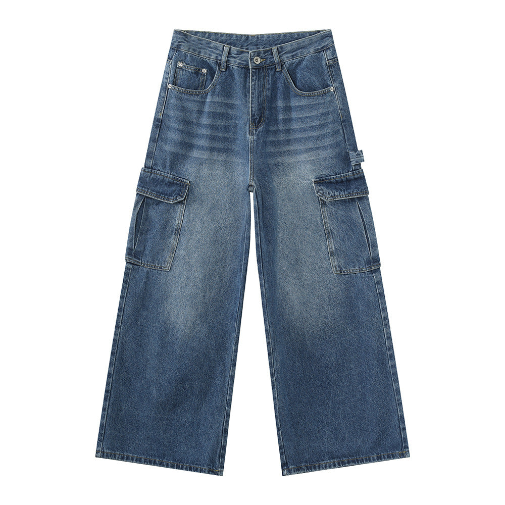 Pantalon de travail occasionnel à jambe large blanchie Multi-pochette droite