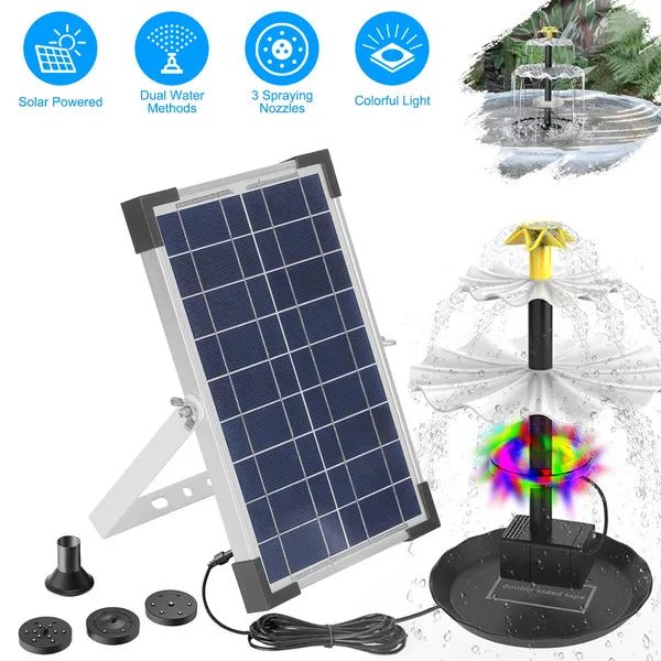 3-Tier Solar Bird Bath Fountain Solar Powered Water-Pump Waterfall Feature With Colorful Light 3 Nozzles 6W Solar Panel For Bird Bath Patio Yard Pond