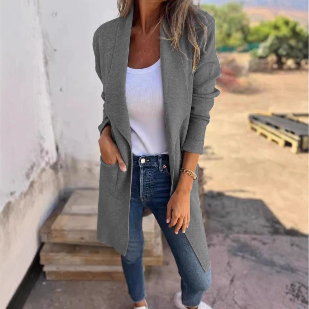 Femmes Waterfall Lapel Ouvert Avant Coat Longue Manche Loose Mid Longueur Veste Casual Outerwear