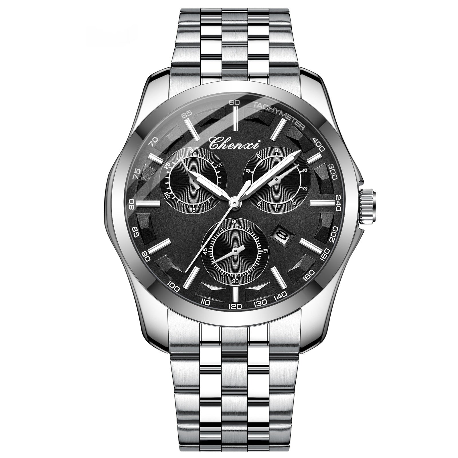 Homme d'affaires élégant montre avec les mains lumineuses