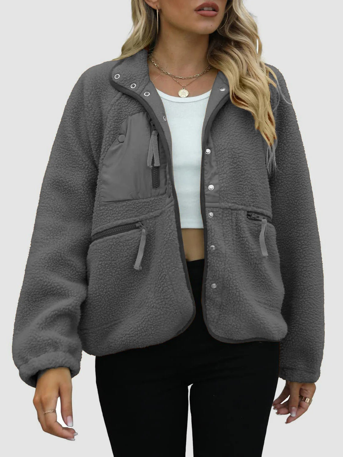 Veste en peluche cardigan courte Laine d'agneau