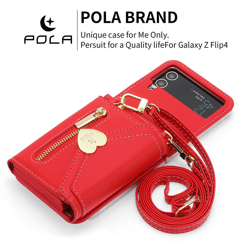 Étui en cuir pliant Coeur en métal Étui téléphone zippé de grande capacité
