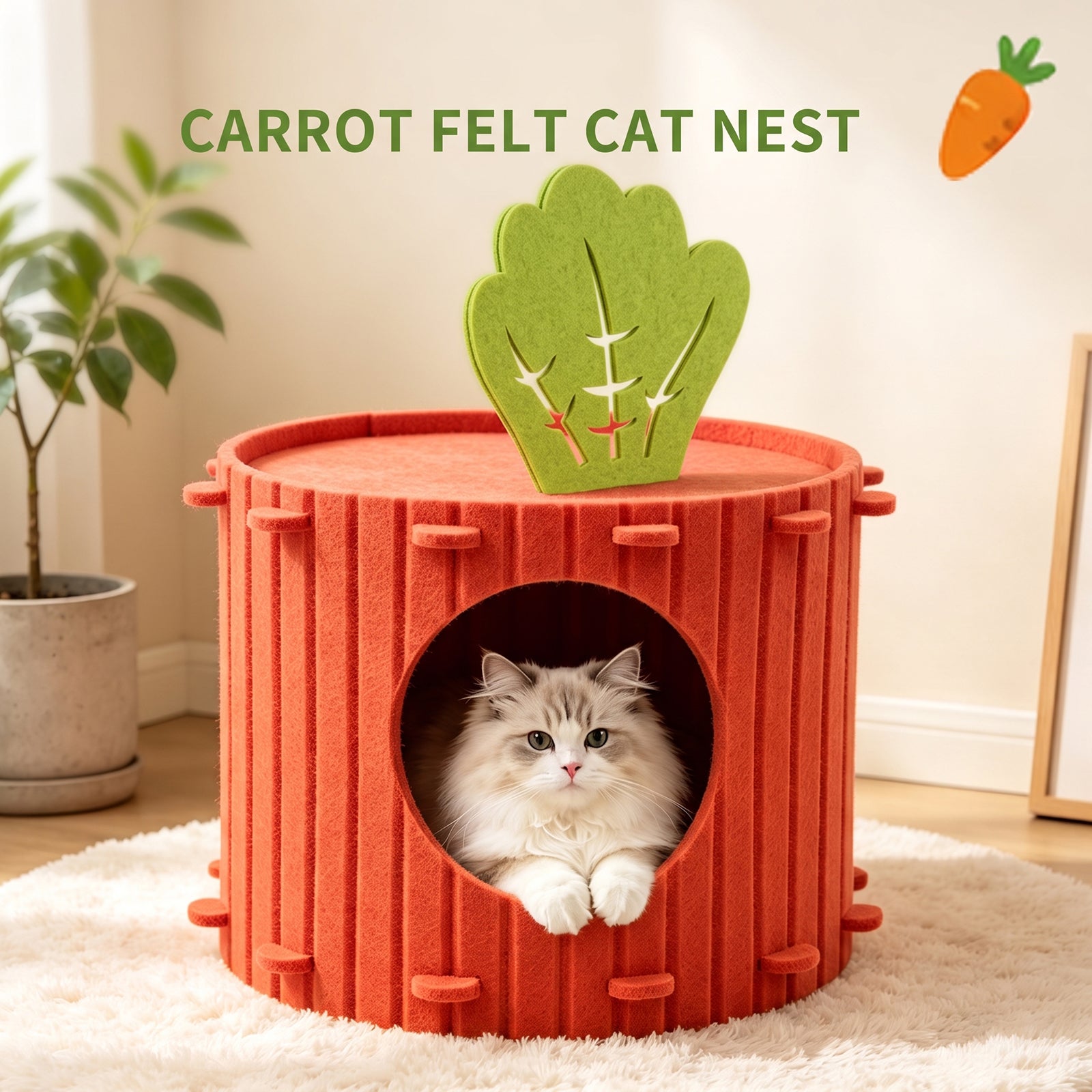 Carrot Shaped Felt Cat Cave Bed, Closed Indoor Cat House, Cozy Hideaway Nest For Small Medium Cats, Scratch Resistant Pet Shelter