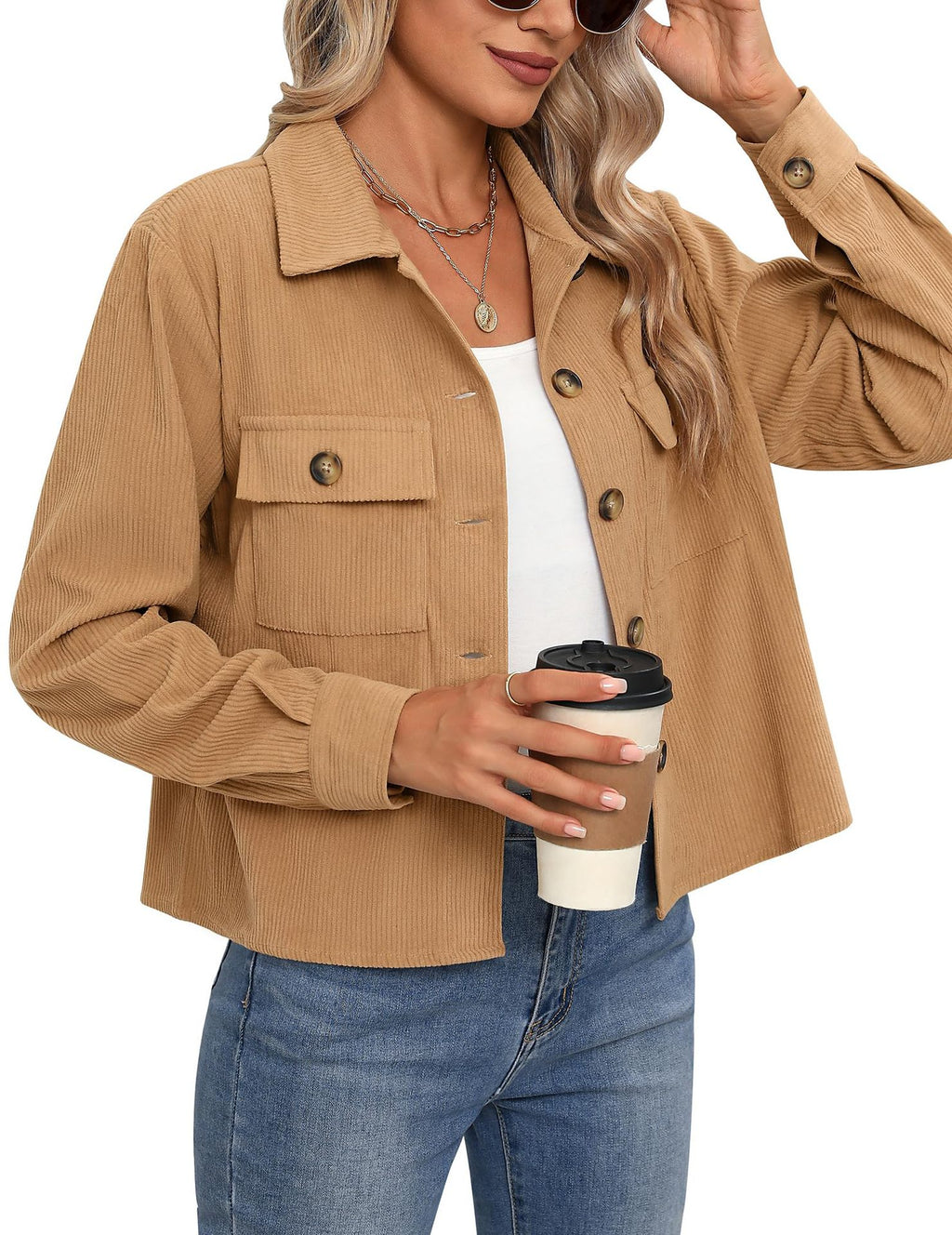 Femmes Casual Corduroy Bouton vers le bas Veste taillée Mode Court Top
