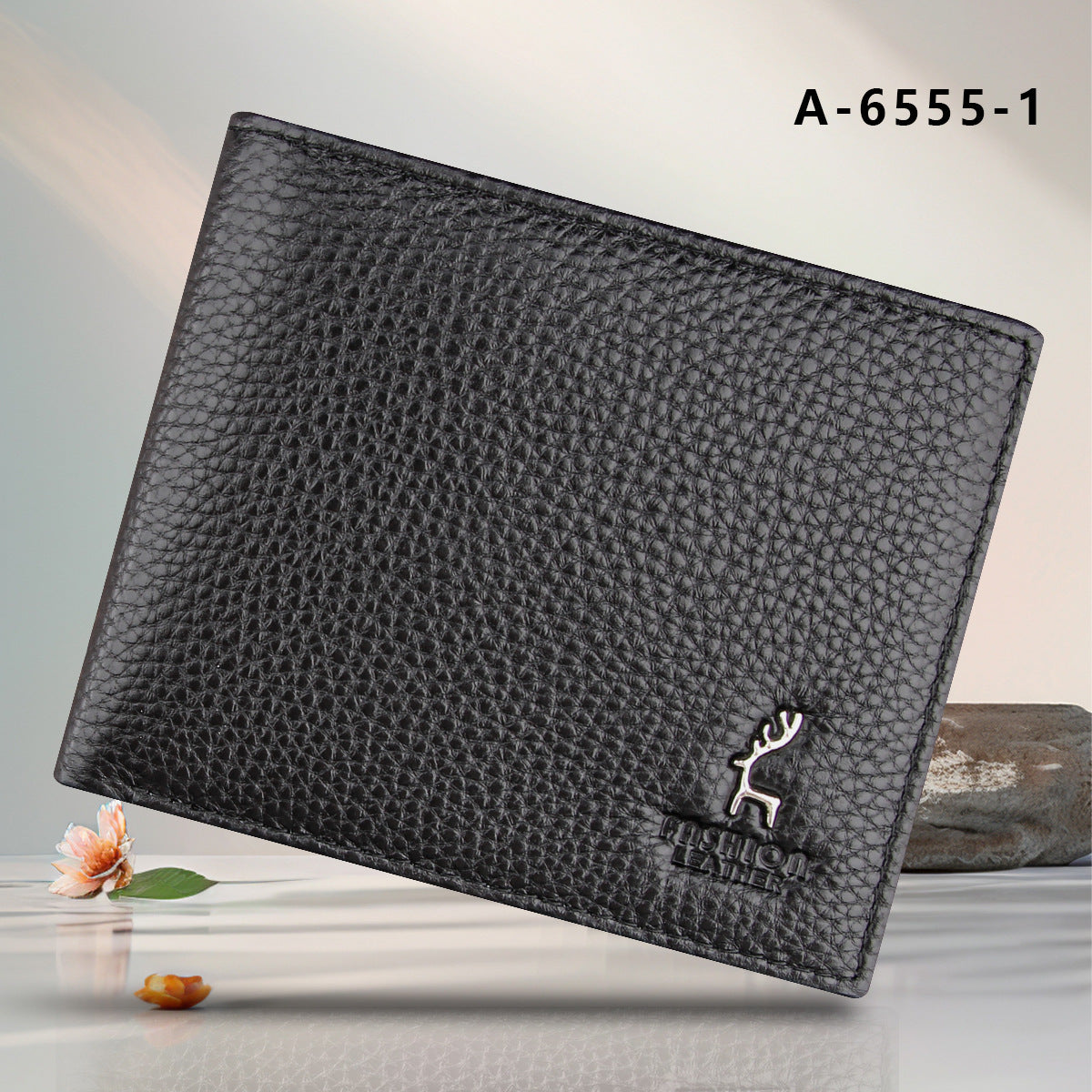 Genuine Leather Wallet Black Cowhide Short Bifold