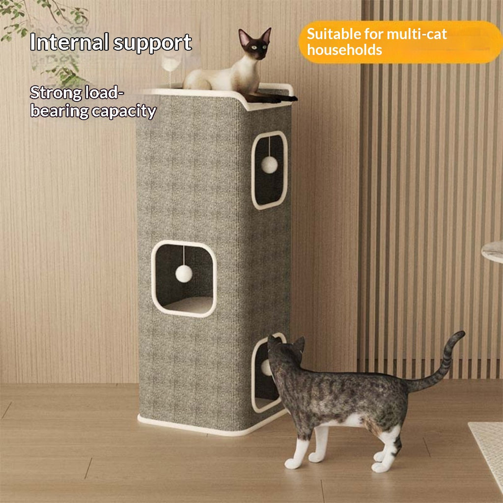 Lit de chat semi-fermé toute la saison avec scratcher intégré et arbre.
