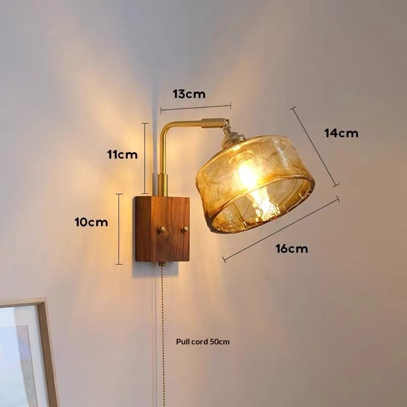 Lampe de lit en noyer mural à chaîne de perles rétro