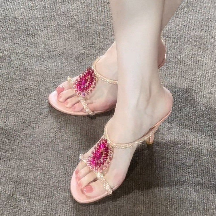 Sandales Femmes Strass Gem Diapositive Sandales Sangle mince Talon haut Une Sangle Diapositives Luxe