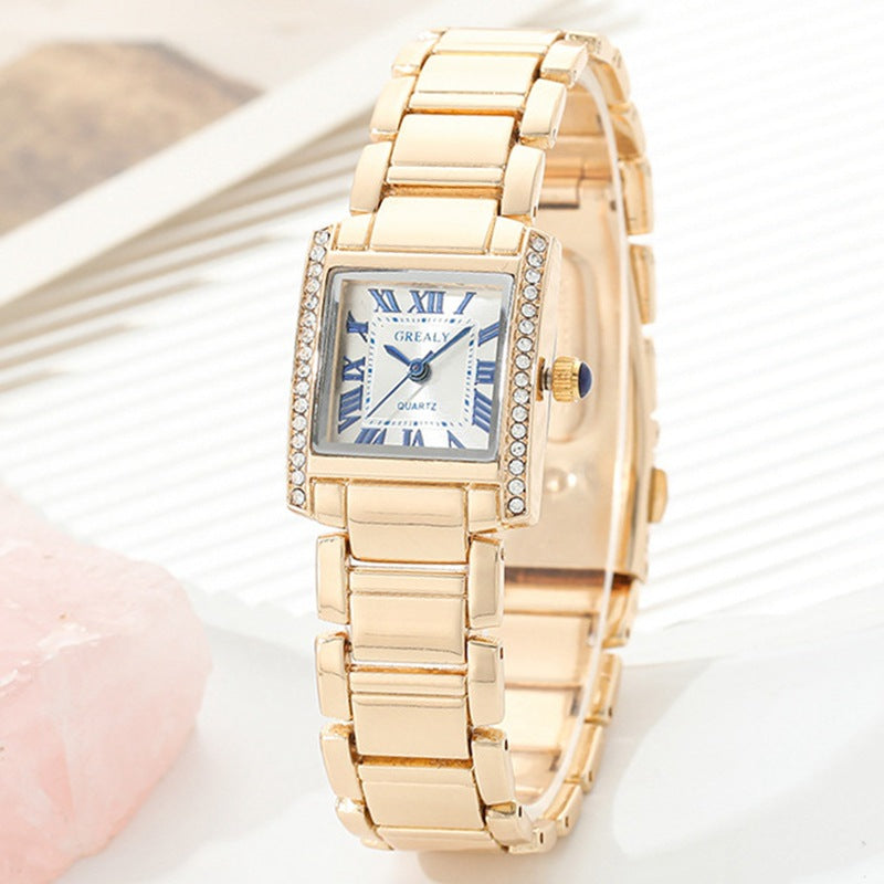 Montre femme à la mode Chronographe rectangulaire avec chiffres romains et des Accents de diamant