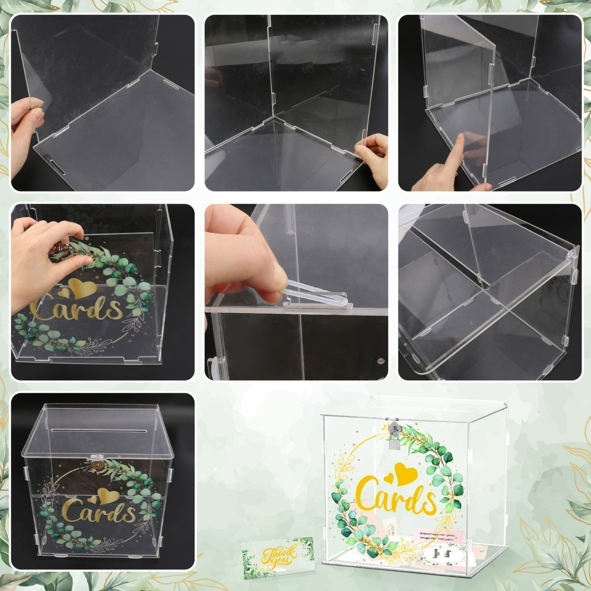 Boîte à cartes acrylique de mariage avec le design de feuille – Boîte à cartes transparente pour cadeaux en espèces A
