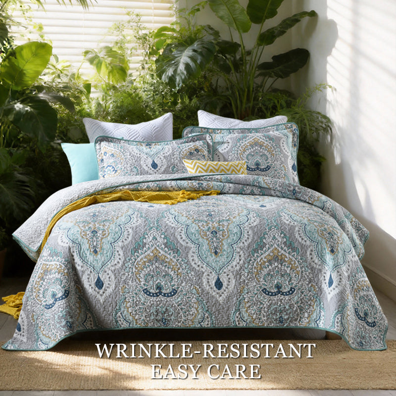 Cotton Reversible Quilt Bedspread Set Bohemian Moroccan Paisley Print Luxury 3-Piece All Season Lightweight Oversized Wide Drop Breathable Bedding For