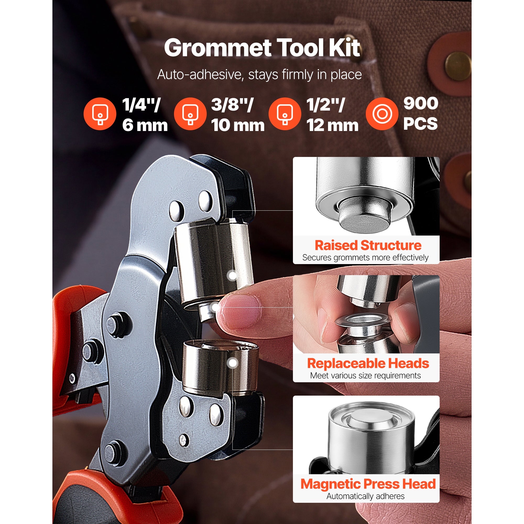 Trousse d'outils Grommet 1/4" 3/8" 1/2" 900 PCS Trousse d'outils pour oeillets Grommets