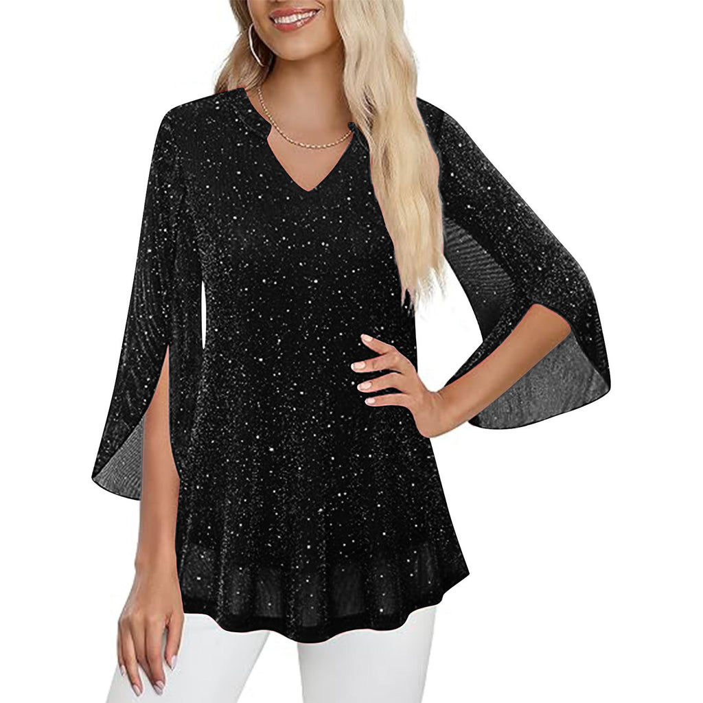 Croped Bell-Sleeve V-Neck Déplacement Top avec Double-Layer Silver-Thread Mesh