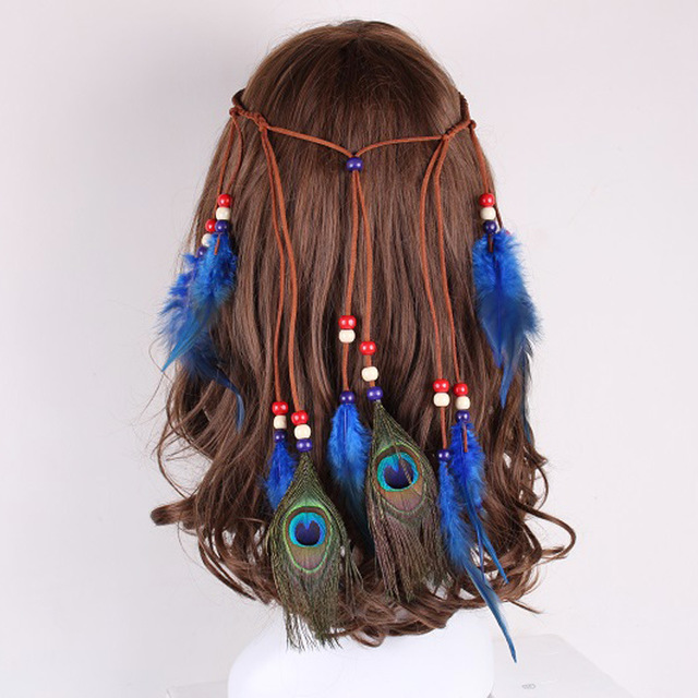 Peacock plume corde en cuir pendentif cheveux ornement
