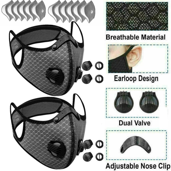 2 Pack Reutilisable demi-couverture visage Masque W ou filtre Cyclisme extérieur Masque sport visage Logi gris