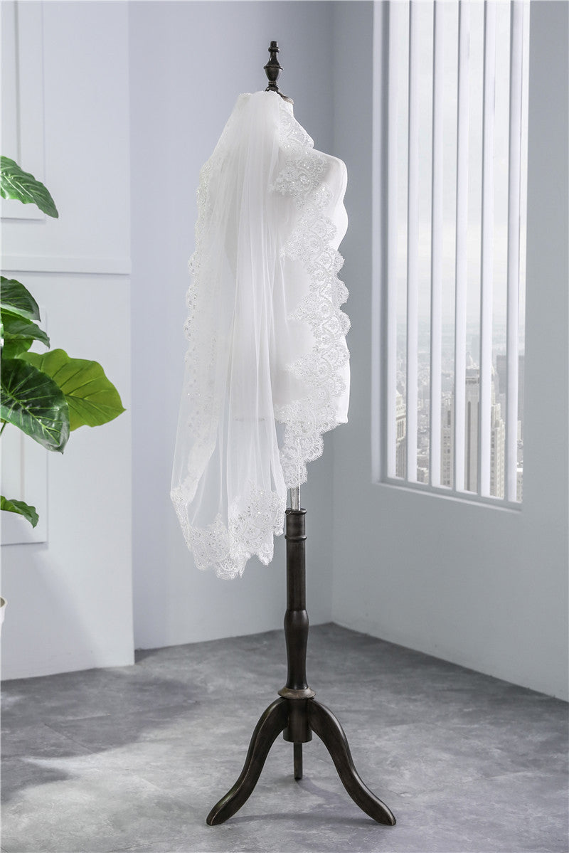 Short Veil Soft Mesh Dentelle pailletée Blanc Ivoire