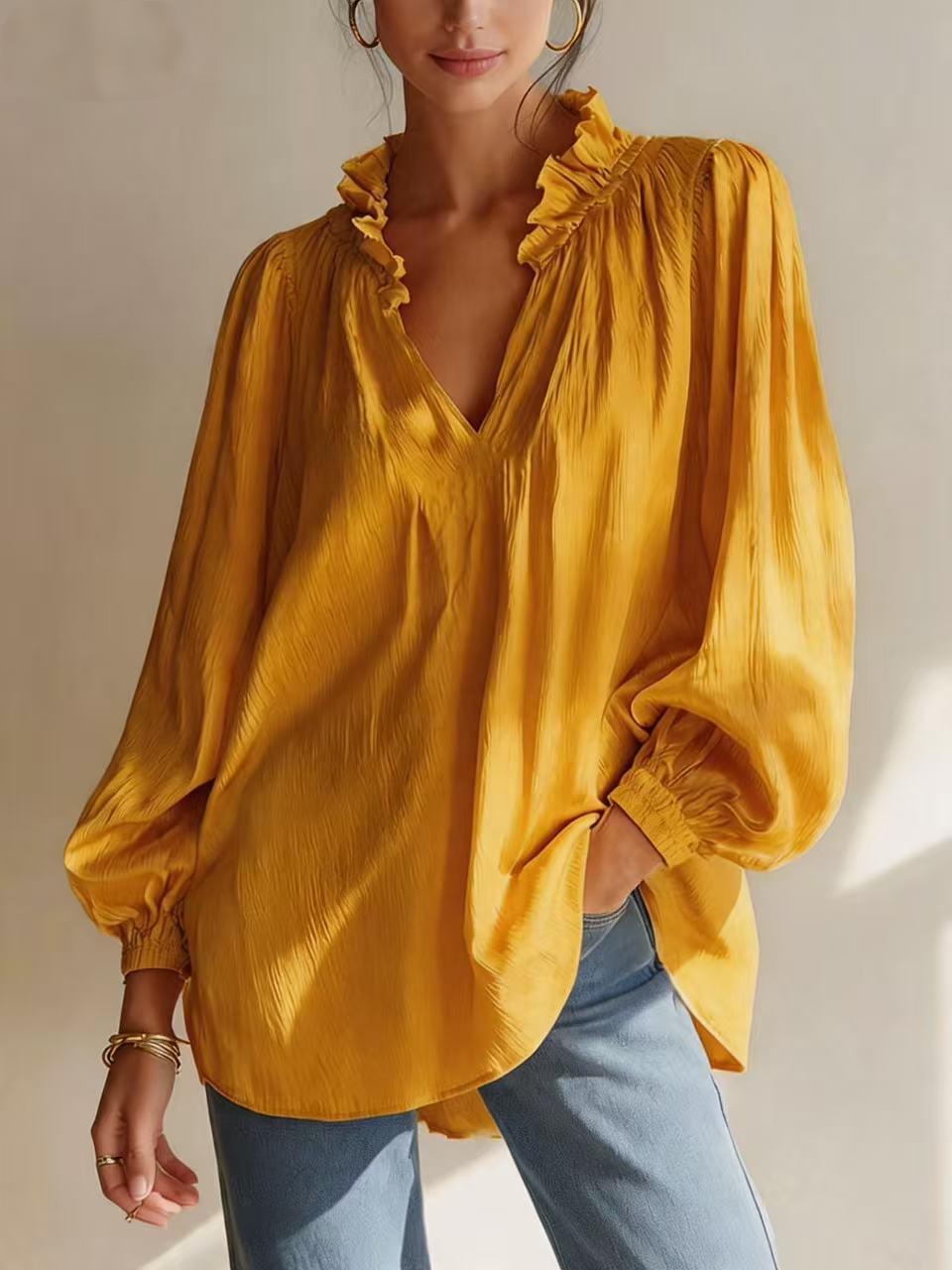 Femmes Casual Ruffled-edge V-neck Blouse à manches de puff