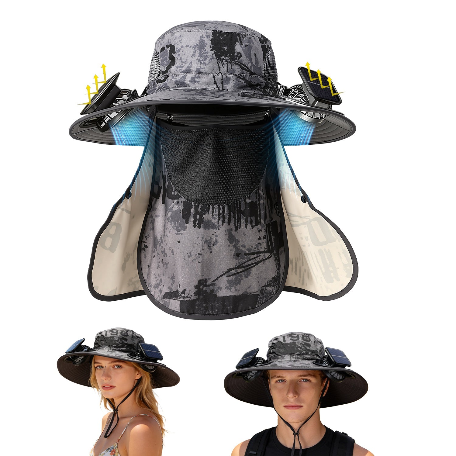 1Pc 2 En 1 Solar Fan Hat UPF50 Chapeau de soleil avec ventilateurs large Brim Chapeau de pêche avec couverture de visage Nec
