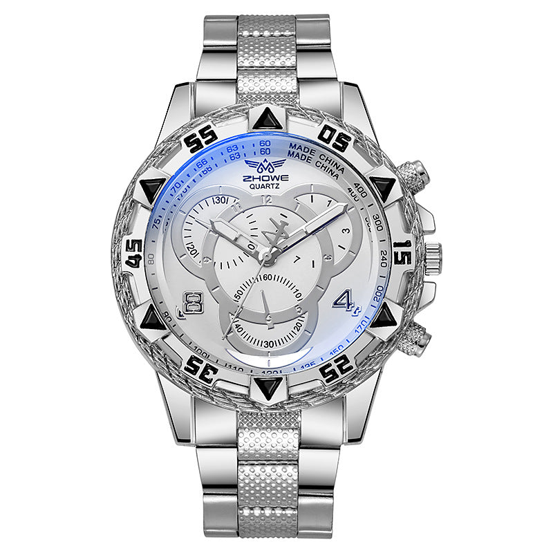 Men's simple three-eye steel watch