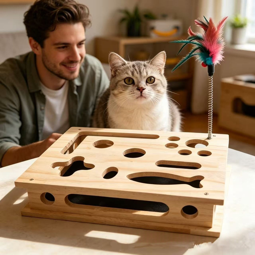 Boîte à gratter de chat amusante en bois pour taquiner et self-entertainment