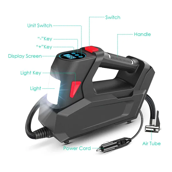 Gonflateur de pneus portable 120 PSI Pneu maximal alimenté 90W avec affichage numérique lumière LED