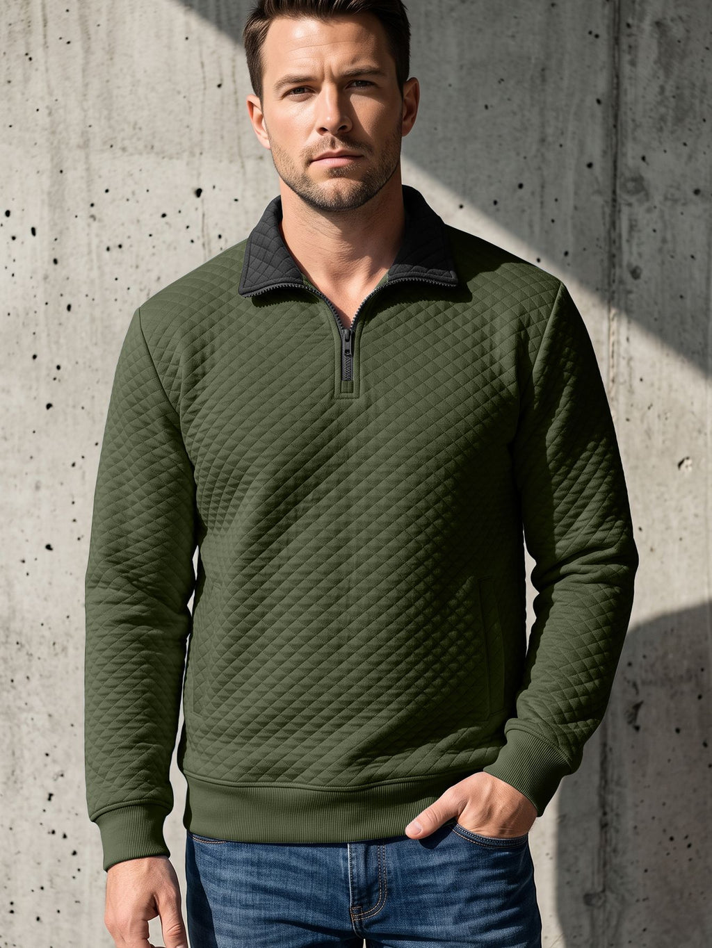 Men's Diamond-Check Half-Zip Stand-Collar Long-Sleeve Sweatshirt