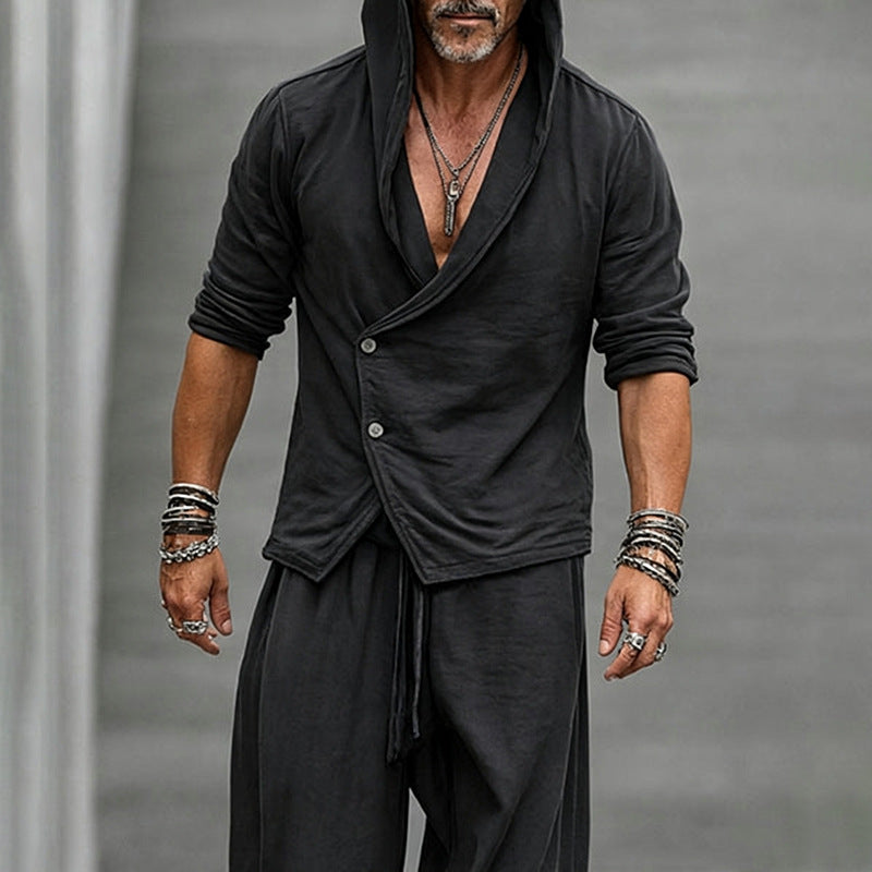 Ensemble de pantalons à manches longues à bouton à capuchon pour hommes occasionnels