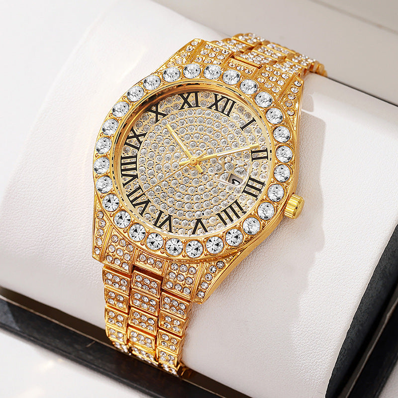 Stainless Steel Watches Rhinestone Roman Calendar Starry Quartz