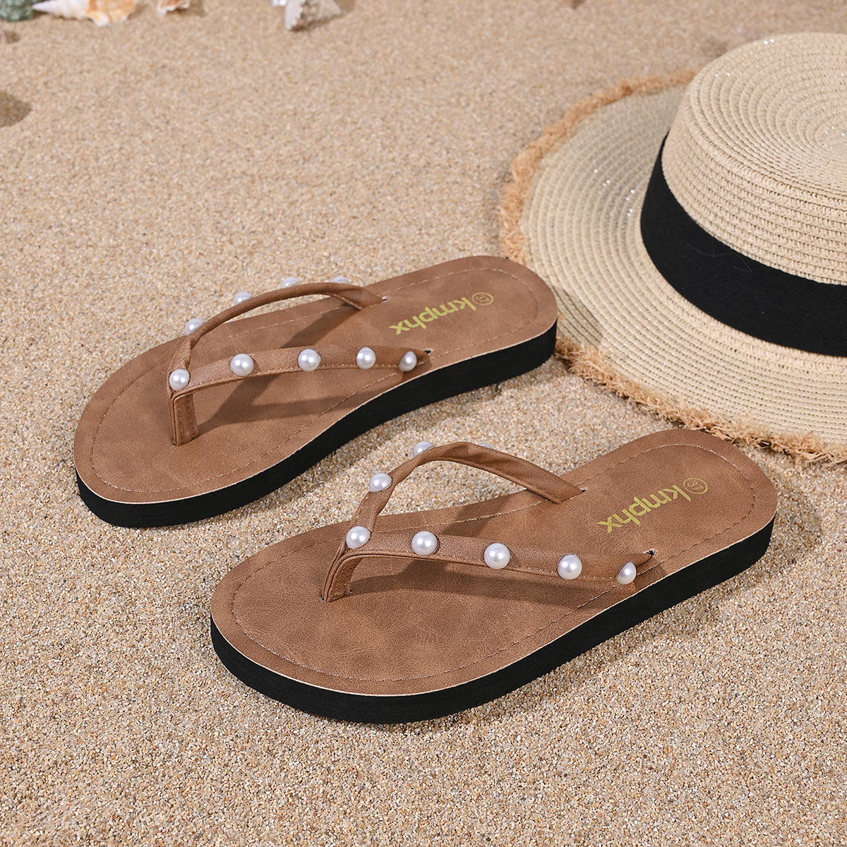 Femmes Boho Vacances Perle embellie Wedge Flip Flops Matching Casual Daily