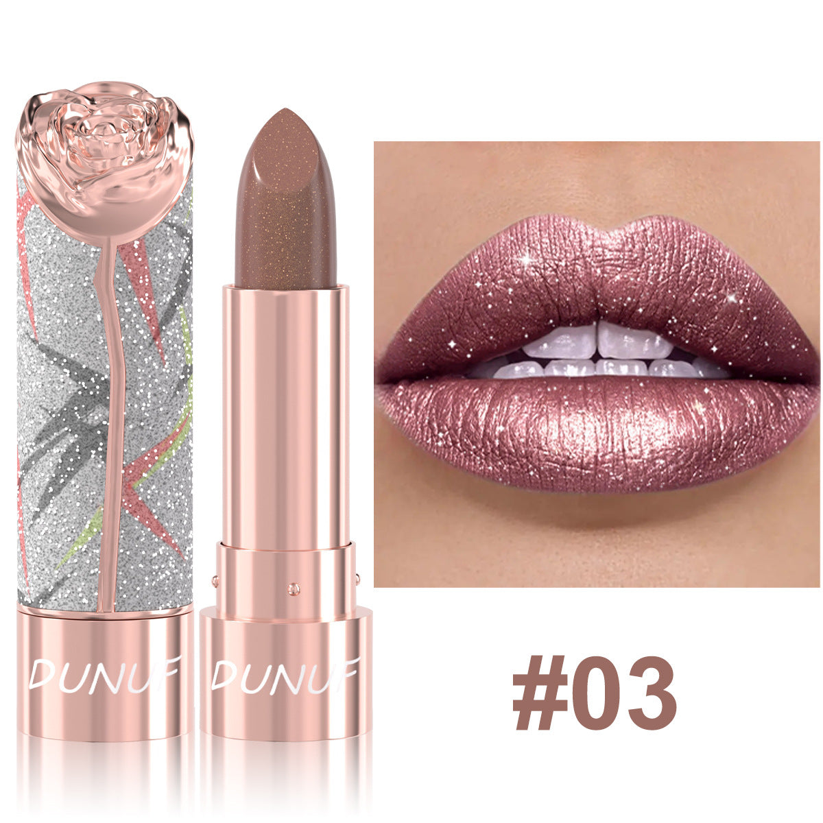 Rouge à lèvres perlescent métal-luster avec shimmer doré Et un effet tridimensionnel