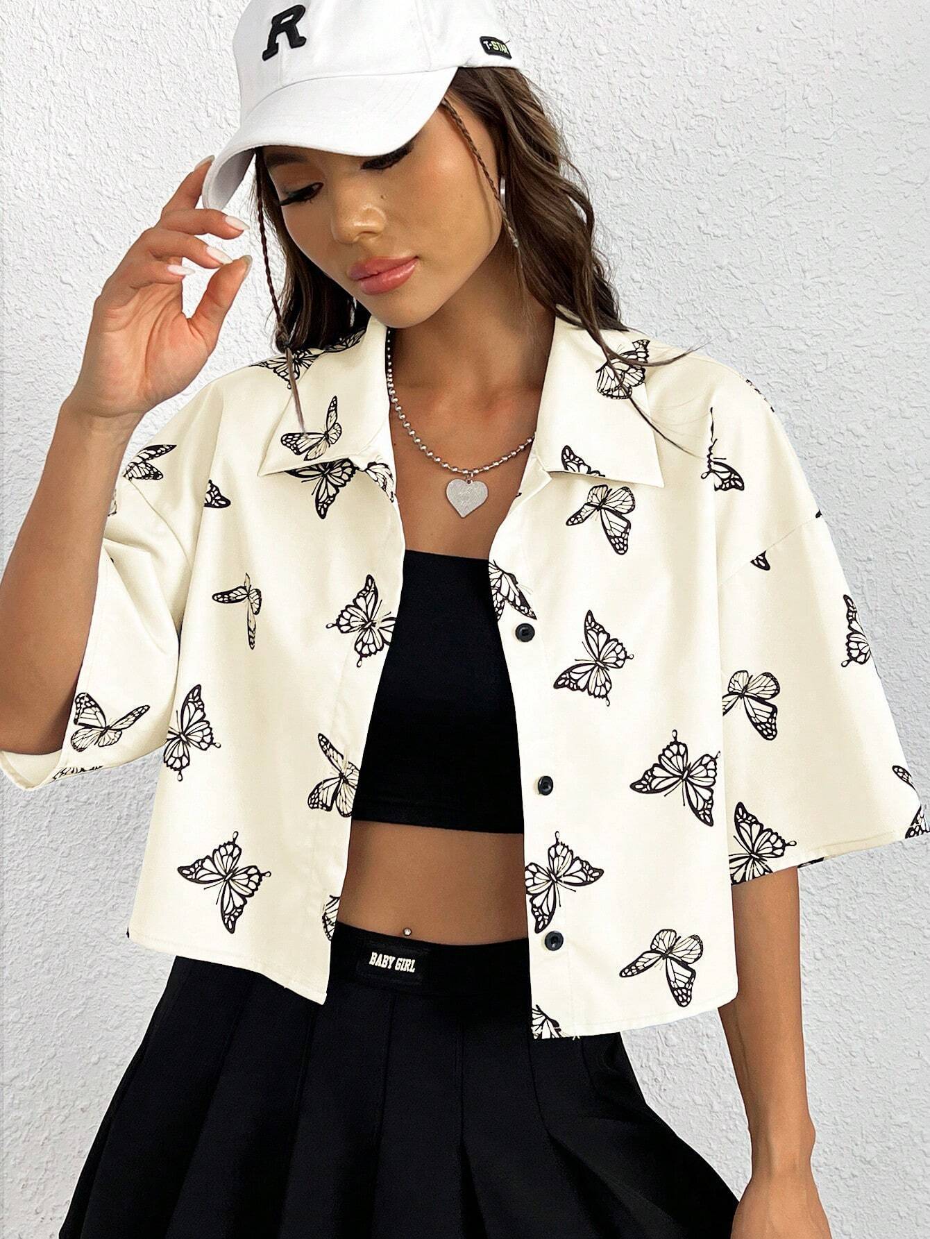 Vêtements pour femmes Amazon TEMU Mode Imprimé Niche à manches courtes Imprimé Butterfly Shirt W