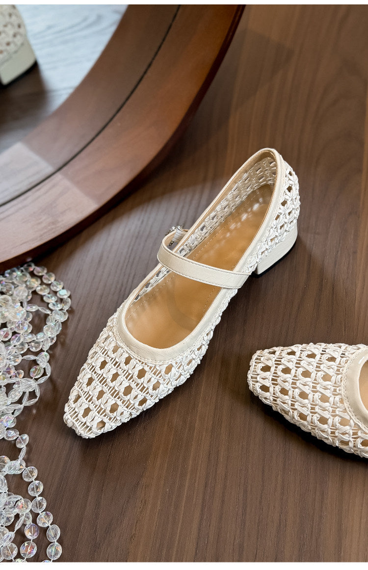 Retro Woven Hollow Respirant orteil carré talons Femmes simples Chaussures Summer One Strap