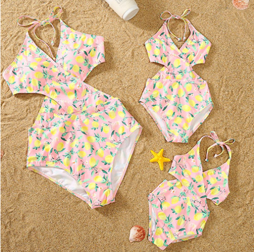 Maillot de bain parent-enfant Maternelle-fille Robe Couleur Solide Col V Une pièce