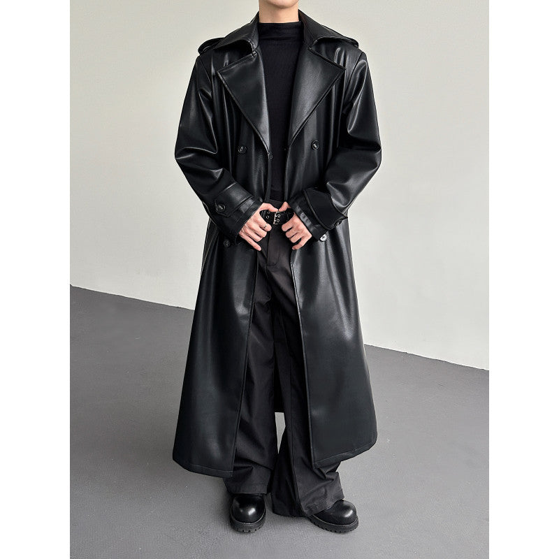 Manteau de tranchée longue en cuir à double bras pour hommes